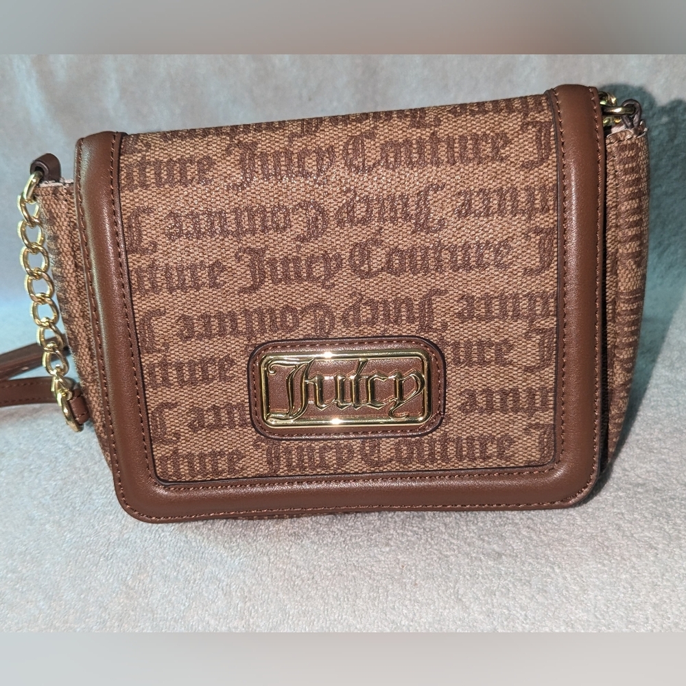 Juicy Couture  Gothic Logo Chestnut Chino statement flap crossbody bag.